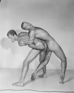Young Men Prints: Nude males wrestling in traditional studio pose c.1957