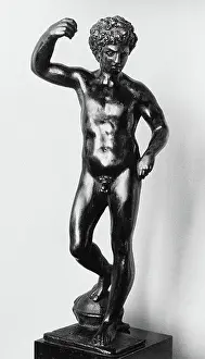 Florence Prints: Nude Man with Helmet 16th century possibly German The pose recalls the Perseus by Benvenuto Cellini (1500-1571)