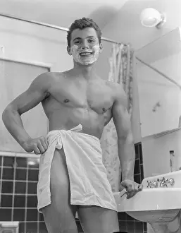 Nude Prints: nude muscular model shaves in bathroom c.1956