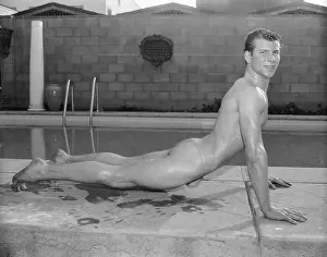 Attractive Prints: Nude Wet Male Posing on Hands by Swimming Pool c.1962
