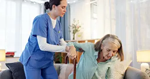 Disability Prints: Nurse, mature woman and help with cane