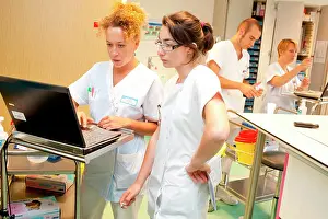 Nurse Prints: Nurse and midwife student preparing prescriptions. Bordeaux hospital, France