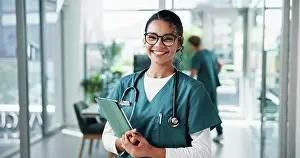 Schedule Prints: Nurse, woman and portrait with tablet in clinic for telehealth