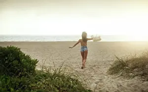 Fresh Air Prints: Ocean, woman and running with fun on break for summer holiday
