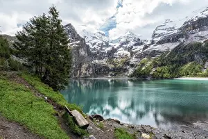 Berg Prints: Oeschinensee Lake Bench The view of Oeschinenee Lake and Oeschinen valley amongst Bernese Alps mountain tops