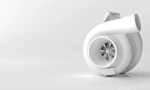 Blade Prints: Off-Center view of 3D Rendered Turbocharger Illustraion in a glossy white finish over clean background