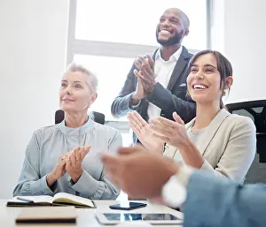 Achievement Prints: Office, applause and people in business meeting