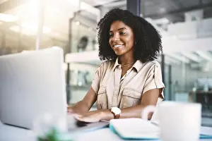 Typing Prints: Office, black woman and journalist with laptop for research