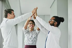 Motivation Prints: Office, business people and excited with high five for support