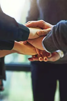 Partnership Prints: Office, business people and hands with huddle for support