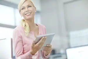 Receptionist Prints: Office, business woman and thinking with tablet for project research