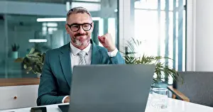 Case Prints: Office, businessman and celebrate with fist pump for laptop