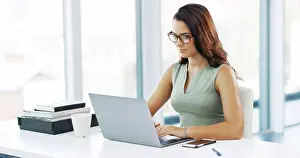 Story Prints: Office, businesswoman and typing with laptop for research