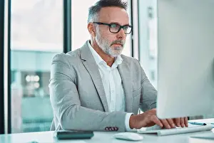 Typing Prints: Office, computer and mature man with budget planning