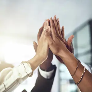 Deal Prints: Office, hands and business people with high five in meeting for team building