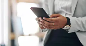 Texting Prints: Office, hands and businessperson with cellphone for chat