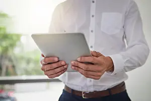Network Prints: Office, hands and person with tablet for research