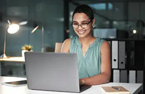Financial Prints: Office laptop, night and black woman reading finance portfolio feedback