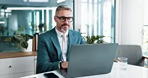 Typing Prints: Office, mature and businessman with laptop for reading