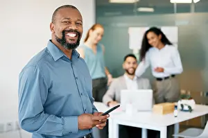 Networking Prints: Office, phone and portrait of business black man for b2b networking