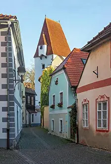 Urban Environment Prints: Old Town Street with Rabenstein Tower in the historic old town of Ceske Budejovice
