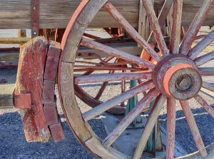 Wagon Prints: Old wagon wheel and wheel brake