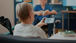 Disability Prints: Old woman using smartphone to talk to family in hospital on videocall
