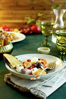 Salad Prints: Olive Oil Wine Roasted Vegetable with Feta served with bread and wine