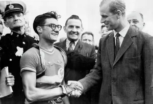 Philip Prints: Olympic Games - France Wins Cycle Road Race At Windsor -- The Duke of Edinburgh shakes hands with J