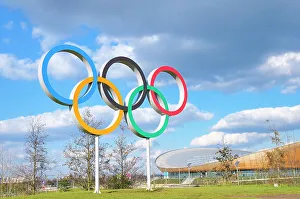 General View Prints: Olympic Rings and Lee Valley VeloPark at the Queen Elizabeth Olympic Park in Stratford in east London