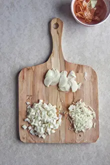 Vegetables Prints: Onion cut into half moon sices, brunoise, and diced
