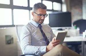 Report Prints: Online, typing and man with tablet
