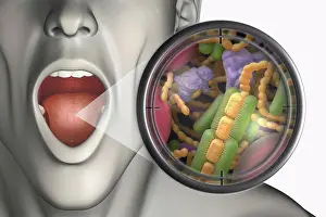 Tongue Prints: Open mouth with a magnified zoom out of bacteria, which cause the halitosis