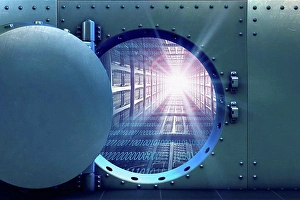 Joining Prints: Open vault door revealing computer servers and binary code