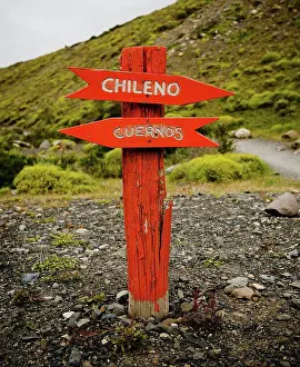 Chile Prints: Orange trail sign in Torres Del Paine National park, Patagonia, Chile, South America