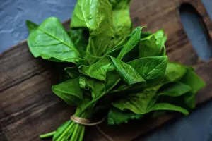 Rustikal Prints: Organic food concept Organic food concept with bunch of fresh raw spinach herb on concrete background with copy space