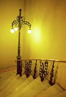 Stairway Prints: An ornate lamp splashes warm light onto this stairway, Rio de Janiero, Brazil