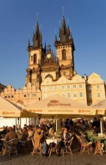Gothic Prints: Outdoor bar in The Old town square, and the Tyn church.Prague. Czech Republic