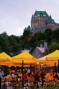 Lower Prints: Outdoor restaurant in Lower old City below Chateau Frontenac, Quebec City, Quebec, Canada