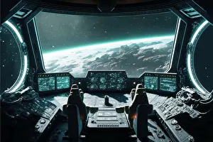 Asteroid Prints: Outer view of spaceship window with control system room