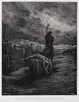 Tours Prints: Outrage at Gibeah, the Levite carries his dead concubine away