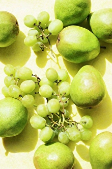 Pear Prints: Overhead view of pears and grapes on yellow table cloth