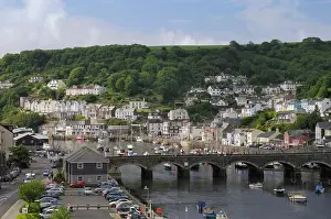 Cornwall Prints: Overview of Looe harbour and bridge linking East and West Looe