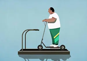 Overweight Prints: Overweight man riding electric scooter on treadmill