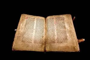 Manuscript Prints: Page of medieval manuscripts Skardsbok Gragas old laws from the Icelandic Sagas on display at the Cultural House