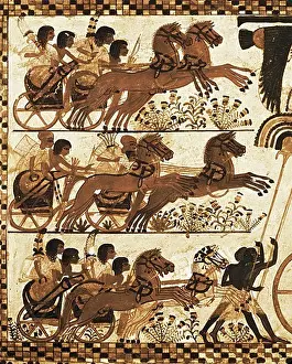 Upright Prints: Painted chest depicting a king on his chariot attacking an enemy
