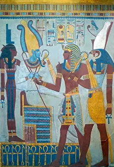 Painted wall frieze, dated 1290-1279 BC, cast from the tomb of Egyptian King Seti I. Valley of the Kings, Luxor, Egypt