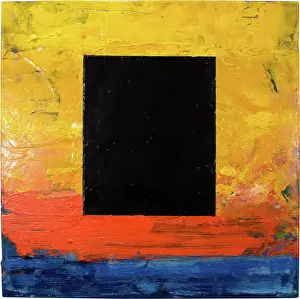 Rectangle Prints: An painterly sky at sunset is interrupted by a dominating black rectangle that serves as a window into another universe