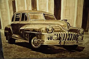 Graphic Prints: Painting of car for sale in an art gallery, Trinidad, Sancti Spiritus Province, Cuba