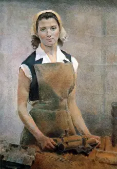 Factory Prints: Painting of a communist Russian female factory worker. 1959 by E Katzman